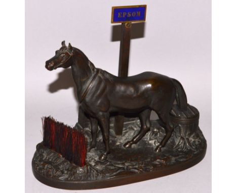 X. MAISON ALPHONSE GIROUX PARIS A GOOD BRONZE OF A HORSE STANDING BY A HURDLE with enamel sign EPSOM. Stamped MAISON ALPH BIR