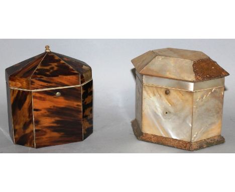 A SMALL GEORGIAN TORTOISESHELL TEA CADDY of octagonal shape, 4.5ins high, and a MOTHER-OF-PEARL hexagonal tea caddy, 4ins hig