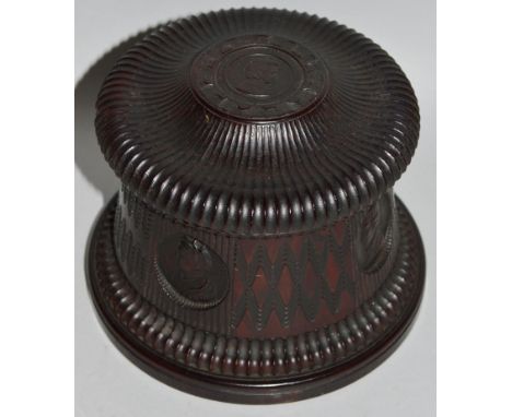 A 19TH CENTURY LIGNUM CIRCULAR BOX AND COVER, dated MDCCCLVI with portrait of Queen Victoria, Haydn, Beethoven, Handel 6.5ins