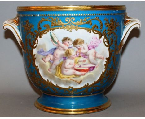 A 19TH CENTURY SEVRES LIGHT BLUE CIRCULAR TWO HANDLED JARDINIERES painted with reverse panels of cupids and flowers. 7.5ins h