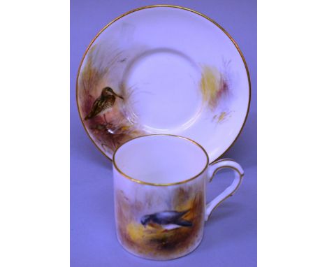 A 19TH CENTURY ROYAL WORCESTER COFFEE CAN AND SAUCER painted with a Snipe and a Wood Pigeon by James Stinton, both pieces sig
