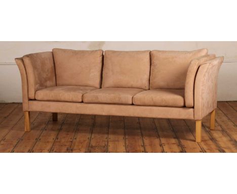 A Danish Hurup Møbelfabrik tan upholstered three seater sofa, on beech legsw.201cmAs they are slightly flared at the top I wo