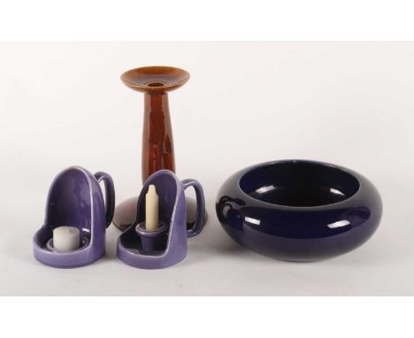 A Royal Doulton blue glazed squat bowl, dia.24cm, together with a Royal Doulton brown glazed candlestick and a near pair of b