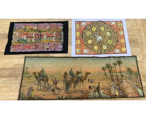 A tapestry depicting a desert scene, together with an African wall hanging and an Asian wall hanging (3)