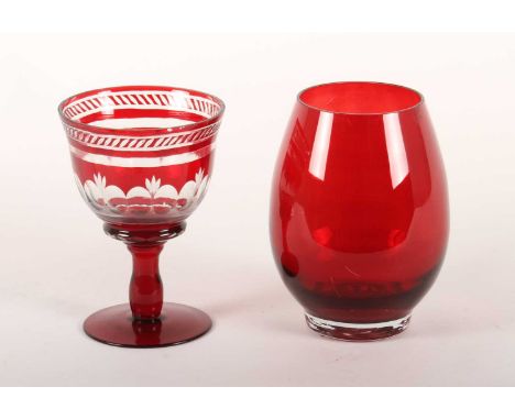 A Venetian red glass vase, together with a ruby overlaid glass goblet (2)19.5cm tall, 13.5cm diameter