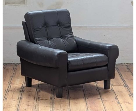 A Danish brown button upholstered leather armchairw. 86cm