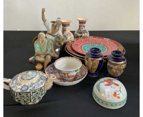 A collection of Chinese and Japanese pottery, including an 18th century Chinese export tea bowl and saucer and Mudman type fi