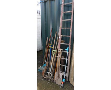 A quantity of garden tools and a wooden ladder. 