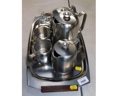 An Old Hall stainless steel tea and coffee set, comprising coffee pot, tea pot, hot water jug, milk jug, sugar basin, toast r