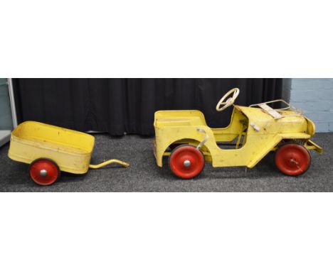 A vintage Tri-ang 'Overlander' Jeep style Pedal Car with Trailer, P/F with some corrosion and missing parts.