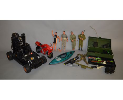 4 Action Man figures, a buggy, a motorcycle and a boat together with an Action Man trunk containing a quantity of accessories