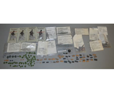 A small quantity of white metal waterline ships, military vehicles and&nbsp; figures by Skytrex, Navwar etc.including four ba