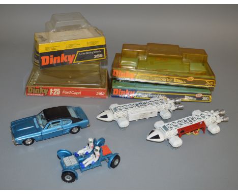 4 boxed Dinky diecast models, which includes a 1:25 scale Ford Capri and a Lunar Roving Vehicle together with an Eagle Freigh