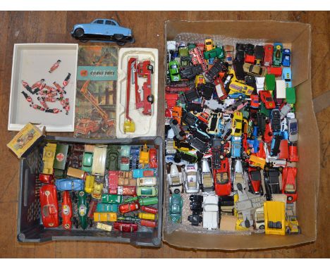 A good quantity of unboxed playworn diecast and plastic models by various manufacturers including a boxed Corgi Toys 1127 Sim