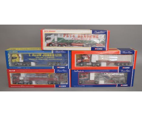 5 boxed Corgi 1:50 scale diecast Scania truck models, various liveries and types of trailer including Tipper, Tanker, Curtain