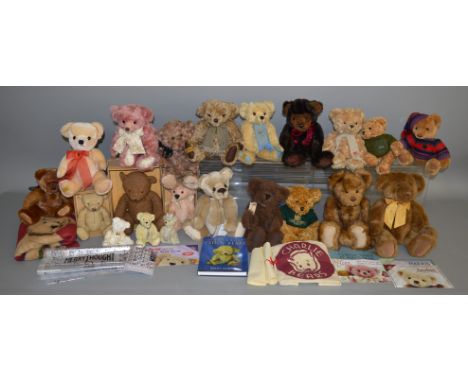 18 unboxed bears including 4 from the 'Merrythought' range and others by 'Charlie', 'Nessa', 'Kaycee' etc. A hardback book, '