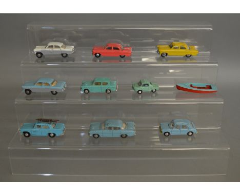 7 unboxed vintage Tri-ang Spot On diecast models all with varying degrees of play wear including Ford Anglia , Austin A60, Mo