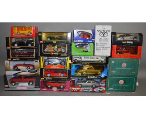 20 diecast models which are mostly 1:18 scale Corgi, Revell, Burago etc this lot is contained over 5 boxes (20).