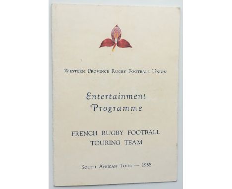 Rugby memorabilia, French Rugby Touring Team to South Africa, 1958, small format 4 page card entertainment programme listing 