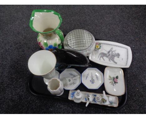A tray of Poole dolphin, assorted Wedgwood and Shelley trinket dishes, china bells etc 