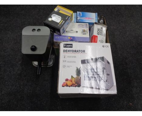 A quantity of electricals, boxed eight layers dehydrator, Gaggia baby twin, digital cameras, phone sets, Hitachi amplifier et