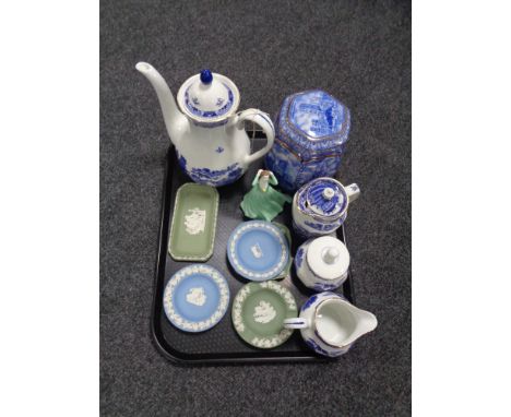 A tray of china, mixed Wedgwood Jasperware, Coalport figure, Ringtons caddy &amp; chintz tea ware 