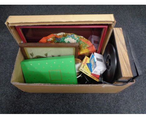 A box of vintage portable record player, assorted cameras, framed tapestry, boxed Samuel Edition 12 piece miniature bauble se