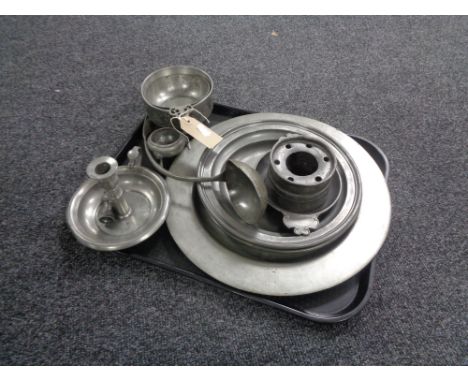 A tray of ten pieces of antique pewter ware, E Stacey ladle, Walker &amp; Hall plates, etc and a Norwegian pewter bowl  