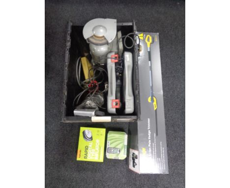 A box of assorted power tools to include bench grinder, cased hammer drill, jigsaw etc together with a Challenge cordless pol