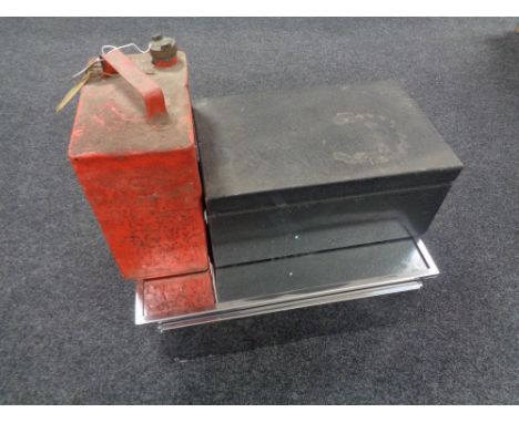 A vintage Shell oil can together with a metal deed box and mirrored bathroom cabinet 