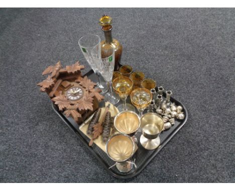 A tray of Cuckoo clock with weights and pendulum, decanter with glasses, Edinburgh crystal champagne flutes etc 