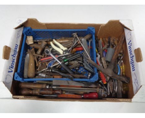 A box of hand tools, hammers, chisels, files, screwdrivers etc 
