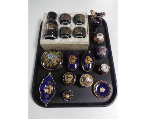 A tray of Japanese five piece sake set, Grecian trinket dish, Limoges dishes etc 