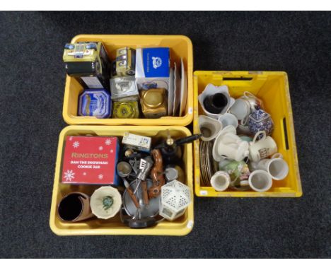 Three boxes of miscellany to include Ringtons tins and jars, vintage soda siphon, cocktail shaker, china etc 