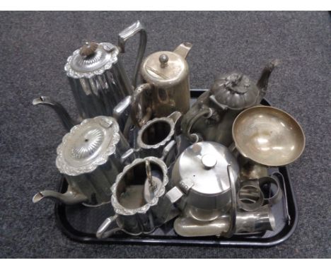 A tray of assorted plated wares, Sheffield pewter teapot etc