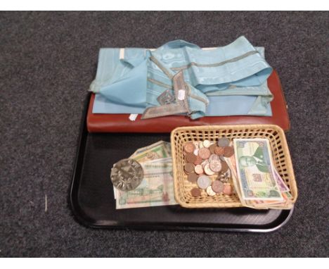 A tray of leather Freemason's case of sash, apron, British copper coins, bank notes etc 
