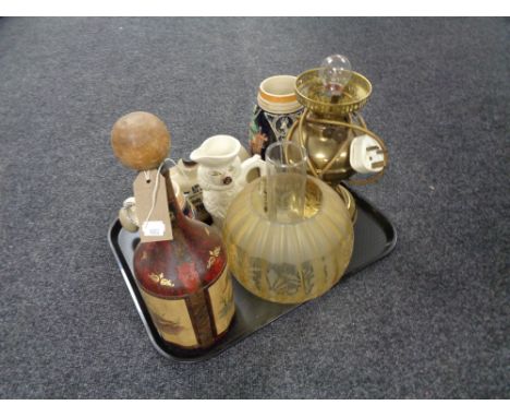 A tray of beer steins, Philpots bed warmer, converted brass oil lamp with chimney and shade etc 