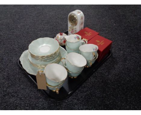 A tray of twenty one piece Queen Anne bone china tea service, two boxed Buckingham palace china items, mantle clock etc 