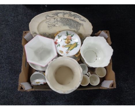 A box of assorted china, antique meat plate, Royal Doulton dish, commemorative mugs, Royal Worcester Evesham etc 