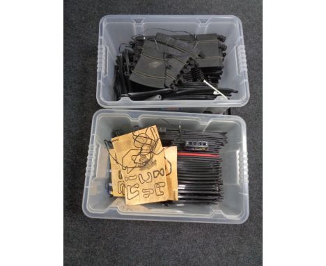 Two boxes of scalextric track, cars and accessories 