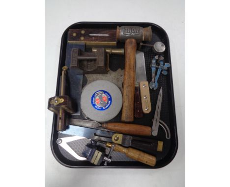 A tray of twentieth century joiner's tools, Thor's hammer, mini anvil, Rabone tape measure