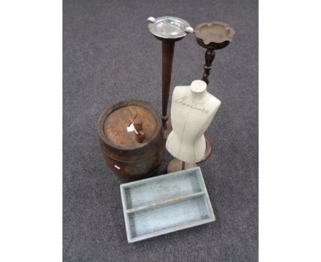 A box of oak coopered barrel, two smoker's stands, pine caddy and a miniature couture dress maker's dummy on stand 