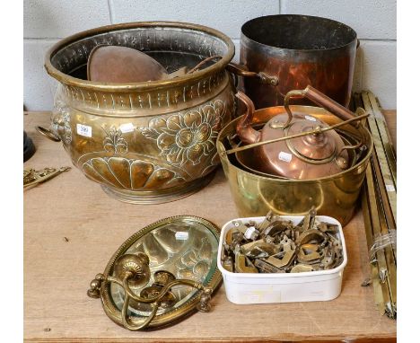 A 19th century Dutch brass twin handled jardiniere, two brass jam pans, a copper kettle, a copper twin handled pan (altered),