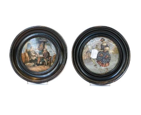 Four 19th century framed Prattware pot lids together with a framed collection of 19th century Advertising pot lids including 