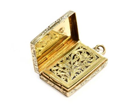 A Victorian Silver Vinaigrette, by Frederick Marson, Birmingham, 1844, oblong, the hinged cover engine-turned and engraved wi