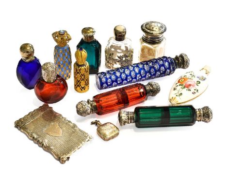 A Collection of Various Silver or Metal-Mounted Glass or Ceramic Scent-Bottles, including: a green faceted glass double-ended