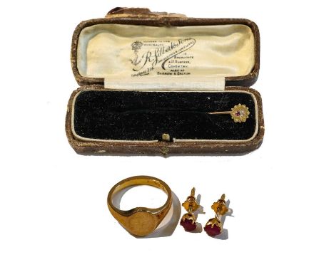 A ruby and diamond stickpin, stamped '15CT'; a 9 carat gold signet ring, finger size J; and a pair of ruby earringsCondition 