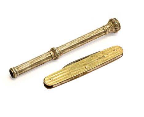A George V Gold Pocket-Knife, by E Baker &amp; Son, Chester, 1924, with folding blades and engine-turned decoration, 7cm long