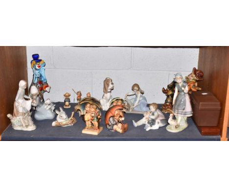Seven Lladro figures, a Capodimonte style figure, six Hummel figures, a gramaphone and records, seven David Winter Cottages, 