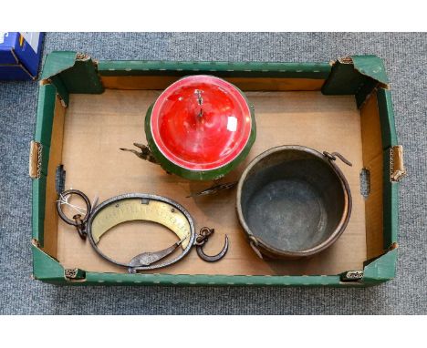 Tin plate racing toy (a.f.), copper vessel, and brass and iron scale stamped Du Maine